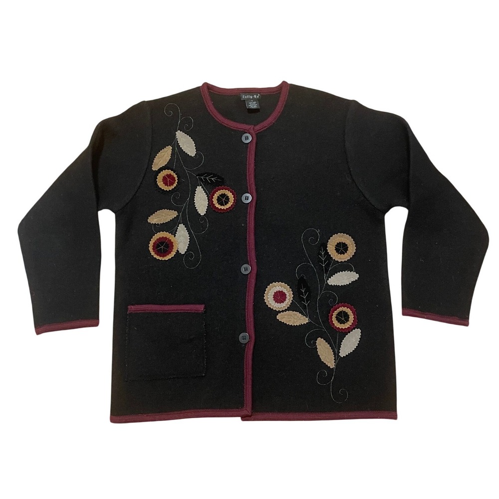 Tally-Ho Vintage Jacket Black Boiled Wool Floral Embroidered Jacket Size M